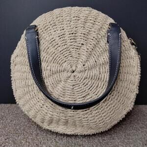 Talbots Straw Handbag Circle Navy Blue Trim and Top Handles